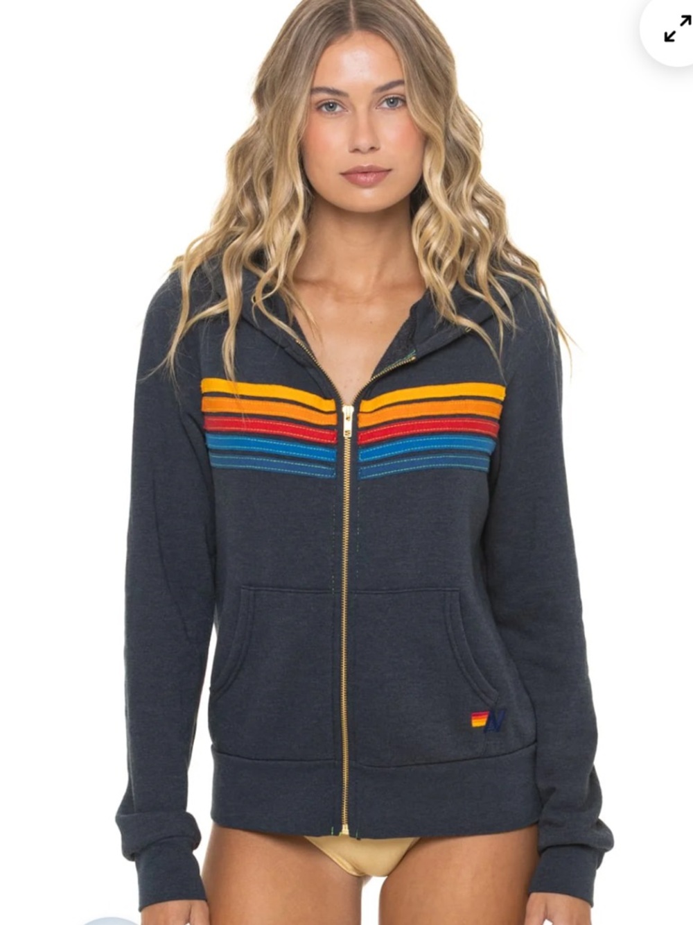 Aviator Nation Charcoal Zip Hoodie with Yellow Orange Red and Blue Stripes